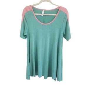 LulaRoe Tunic Top with Drop Shoulder Green with Pink Trim Shirt Size S
